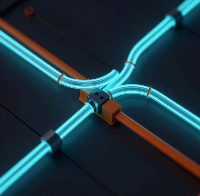 Extreme close-up of a 3D digital MEP model, glowing cyan conduits and orange structural beams intersecting with millimeter precision, dark obsidian background