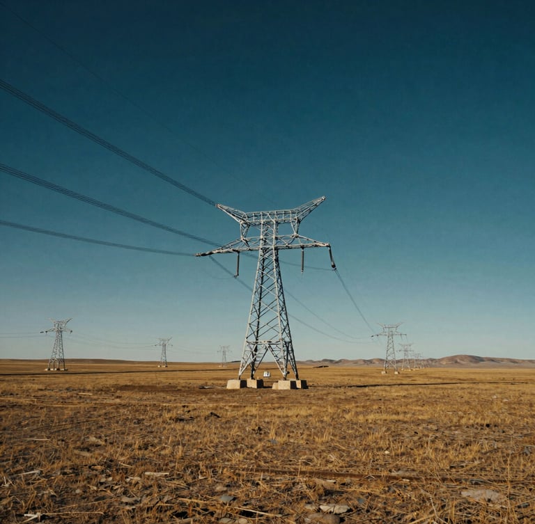 Wide-angle cinematic shot of high-voltage transmission towers cutting across the vast Mongolian steppe under crisp high-contrast sunlight, 35mm