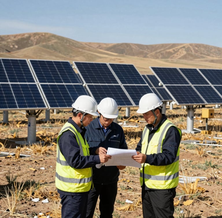 High-visibility gear engineers reviewing blueprints on-site with massive solar arrays stretching across the dry Mongolian hills in the background, 35mm