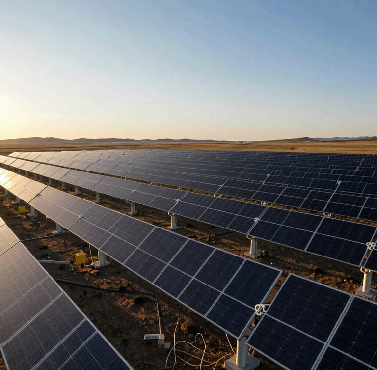 Wide-angle environmental shot of massive solar arrays stretching across the Mongolian steppe at golden hour, low horizon, cinematic 35mm lens