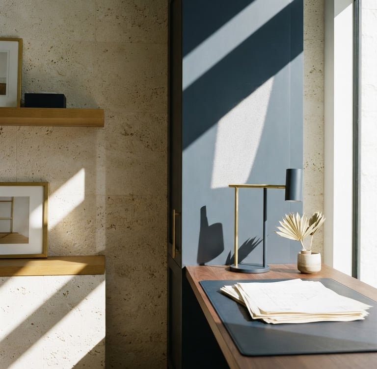 Architectural crop of a high-end Sarasota workspace, clean geometric shadows on limestone, bright natural Florida daylight, desaturated navy tones, 35mm lens