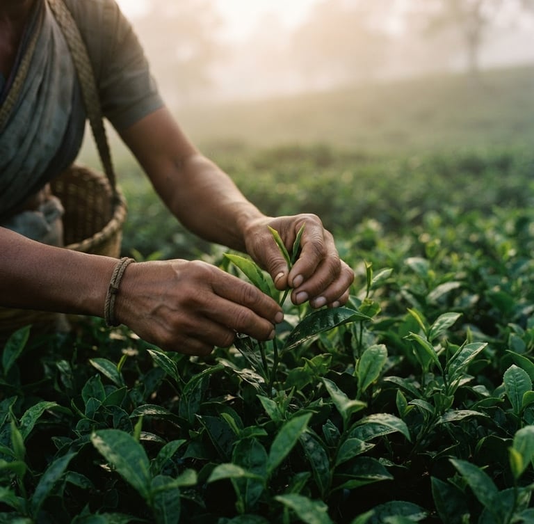 Close-up of hands gently plucking fresh tea leaves in a misty Assam tea garden at dawn, soft diffused light, deep forest greens and rich amber tones, shallow depth of field, 35mm