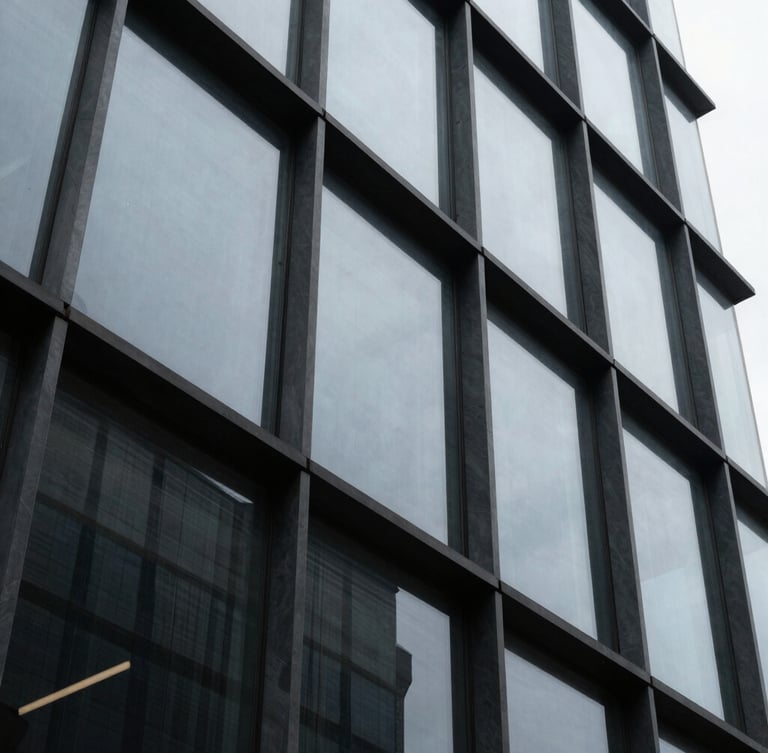 Tight abstract crop of a high-contrast architectural glass facade, cool slate tones, overcast light, sharp geometric angles with generous negative space.