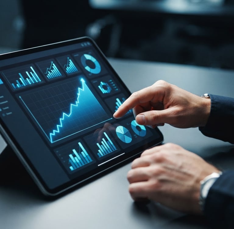 Sleek editorial photograph of a modern UI/UX dashboard displaying upward trend graphs and financial metrics, cool high-contrast studio lighting, deep charcoal and electric blue tones, sharp focus, 35mm, with hands subtly interacting with a tablet on the right side.
