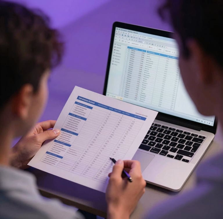 Over-the-shoulder view of a student analyzing a clean dashboard with salary charts and course comparison cards on a modern laptop, cool violet ambient backlight.