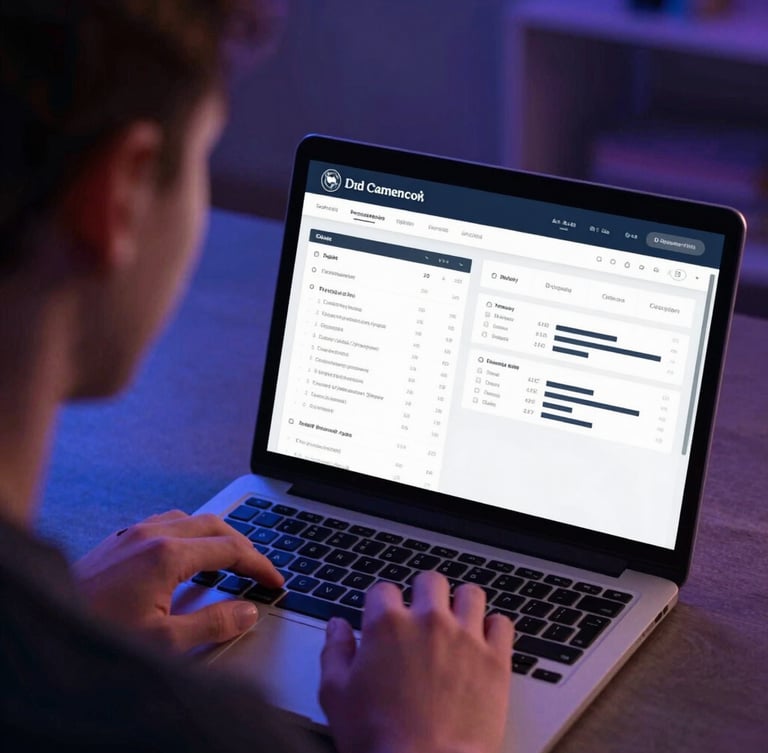 A tight, over-the-shoulder view of a student analyzing a clean, dark-mode college comparison dashboard on a laptop. Cool blue and purple ambient backlighting, crisp UI elements visible.