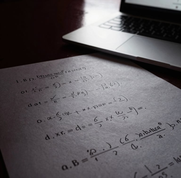 High-contrast chiaroscuro close-up of handwritten mathematical proofs on textured paper next to a modern laptop screen, dramatic window light, desaturated slate tones