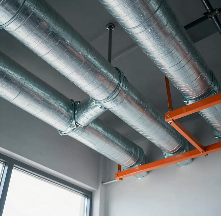 Crisp industrial photography of clean HVAC ducting installation on a commercial ceiling, bright natural site lighting, cool slate tones, sharp focus, 35mm