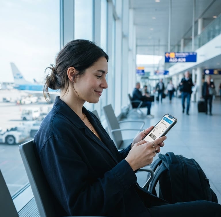Bright natural airport terminal light, a calm traveler looking at a mobile boarding pass, reassuring cool blue tones, shallow depth of field.