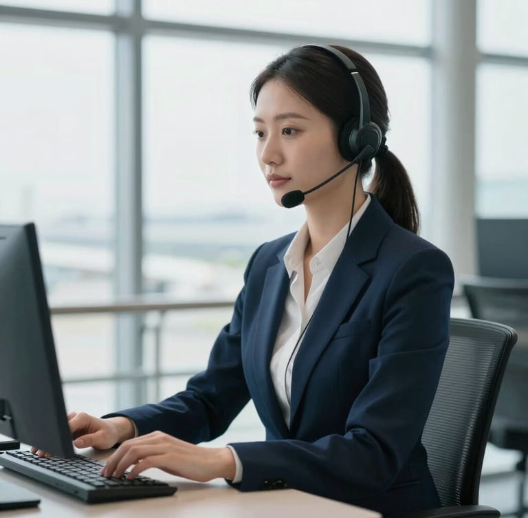 Professional travel assistance agent with a headset working in a clean, modern, high-trust corporate office, soft natural daylight, professional logistics environment