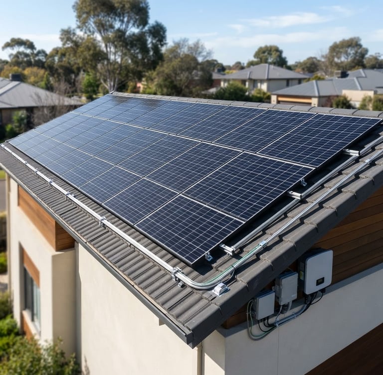 Modern photovoltaic system on a residential roof, sharp focus on the clean lines of the panels and the roof structure under bright natural daylight, crisp technical photography, 35mm.
