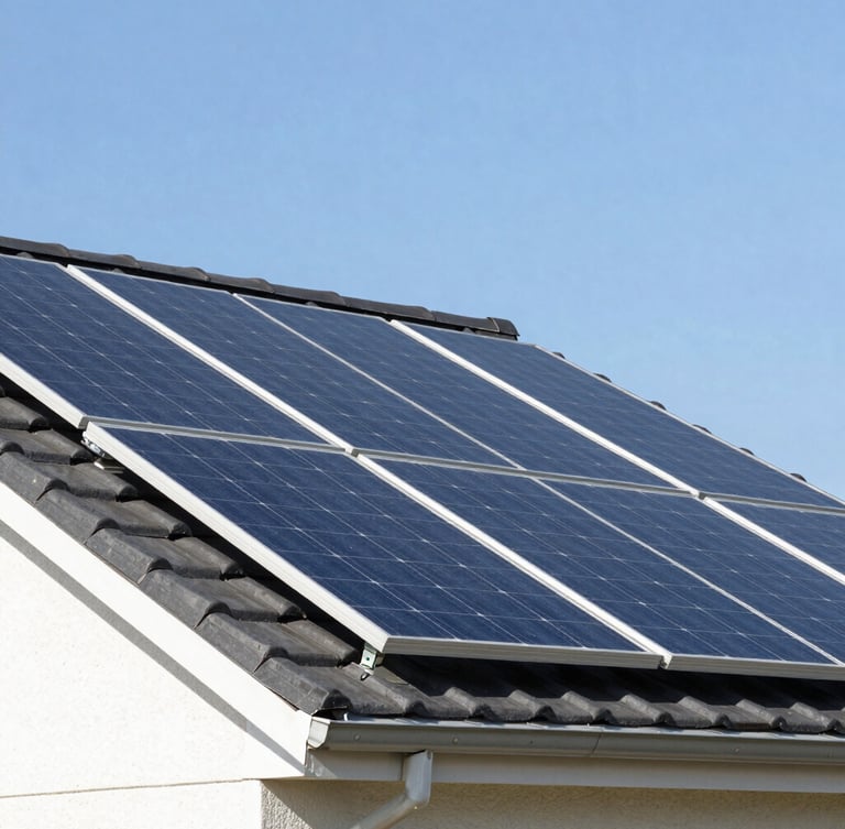 Crisp technical photography of modern PV panels on a residential roof, bright natural daylight, sharp focus, low angle, showing clean installation and blue sky.