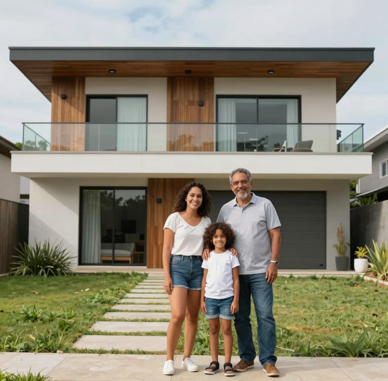 Elegant modern Brazilian residential architecture, soft natural window light, sand and warm concrete tones, clean lines, 35mm photography