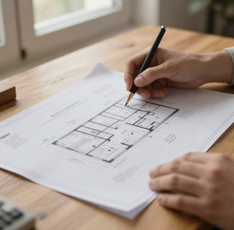 Close-up of hands reviewing architectural blueprints and official registry documents on a warm wooden table, soft natural window light, 35mm lens.