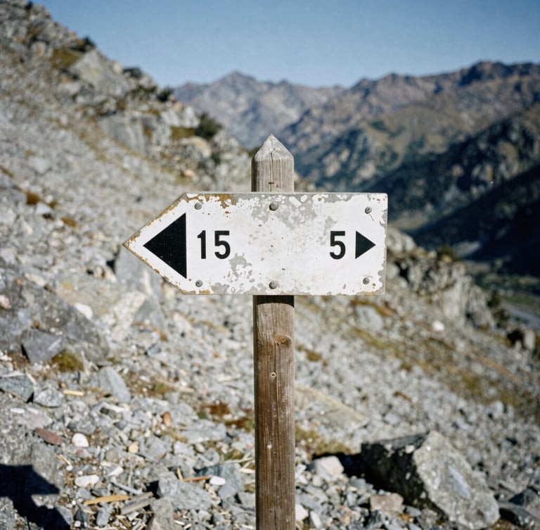 Close-up of a weathered trail marker on a rugged mountain pass, harsh high-altitude daylight, cold shadows, desaturated alpine tones