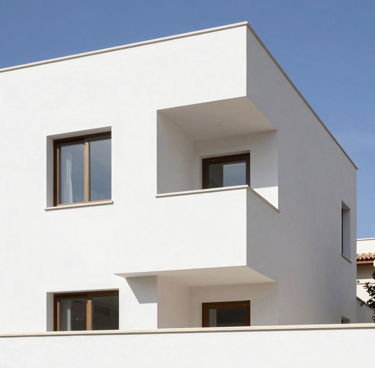 Crisp architectural photography of a bright, modern residential renovation in Spain, clean high-contrast plasterboard and painting work, natural daylight, 35mm lens