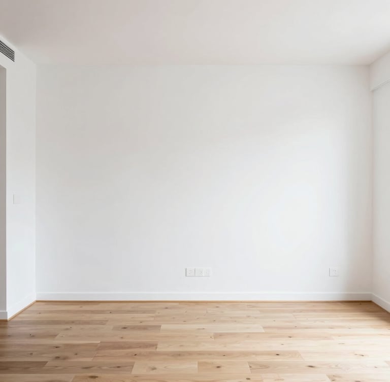 Crisp architectural photography, bright daylight, straight-on wide shot of a newly renovated modern minimalist apartment living room in Madrid, flawless white plasterboard walls, neat oak flooring, 35mm lens.