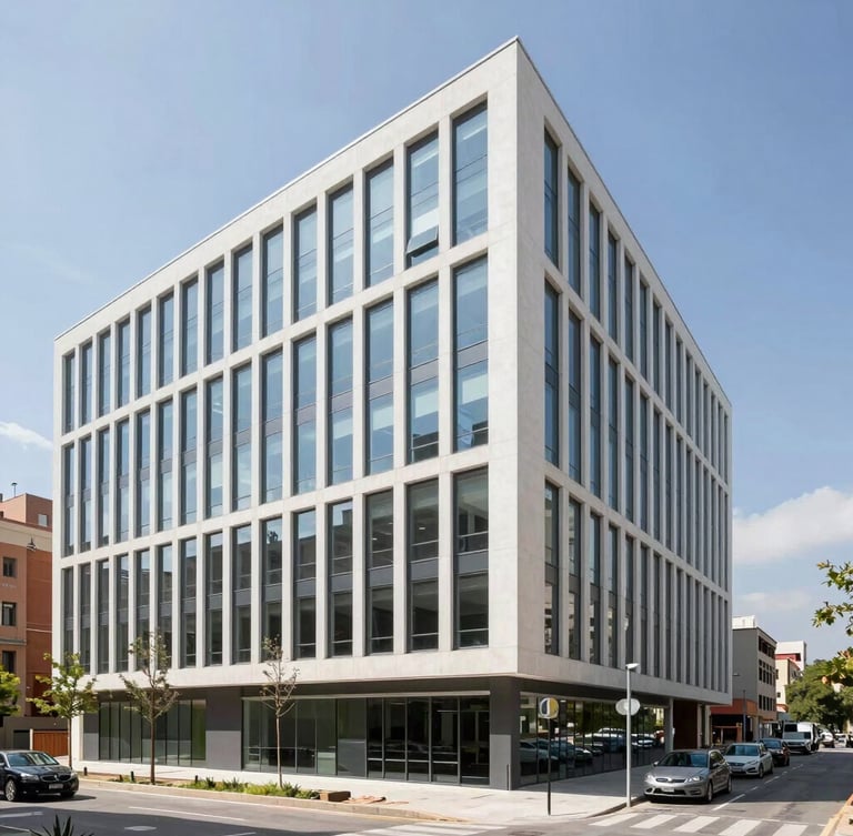Crisp architectural photography of a newly renovated commercial office space in Barcelona, bright natural daylight, clean high-contrast tones, sharp focus, professional construction details, 35mm lens