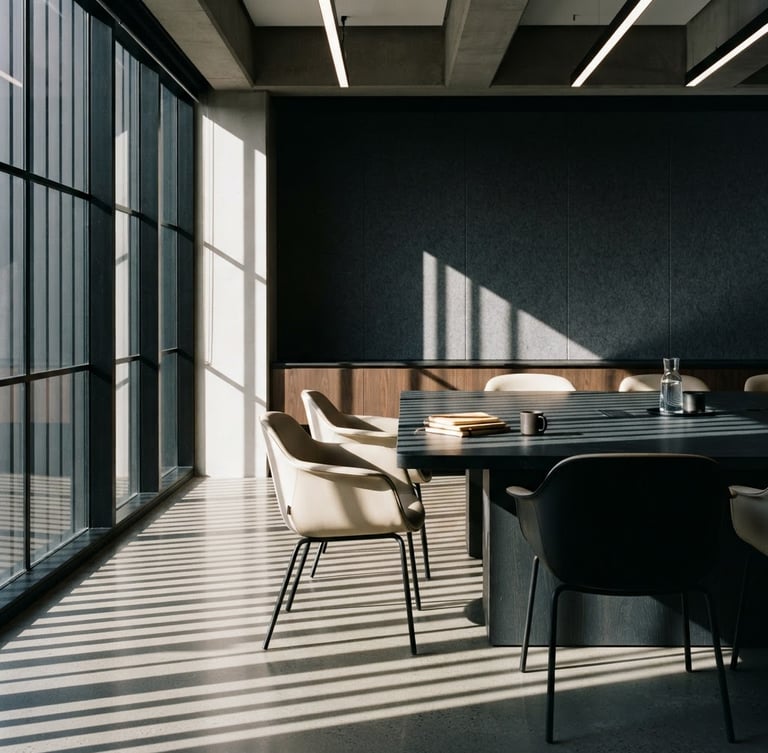 Sharp architectural crop of a structured boardroom with hard directional daylight, clean shadows, deep slate and warm cream tones, 35mm lens