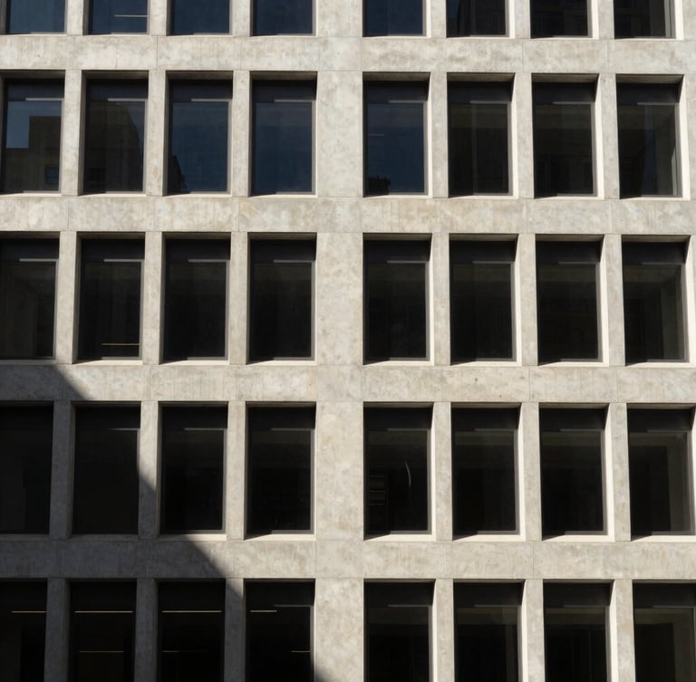 Architectural detail of a modern concrete office facade in Los Angeles, hard directional daylight, deep slate shadows, minimalist structural lines, 35mm lens