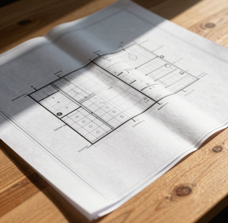 Close-up of physical blueprints and strategic plans on a heavy oak table, hard daylight casting sharp shadows, high contrast editorial corporate style