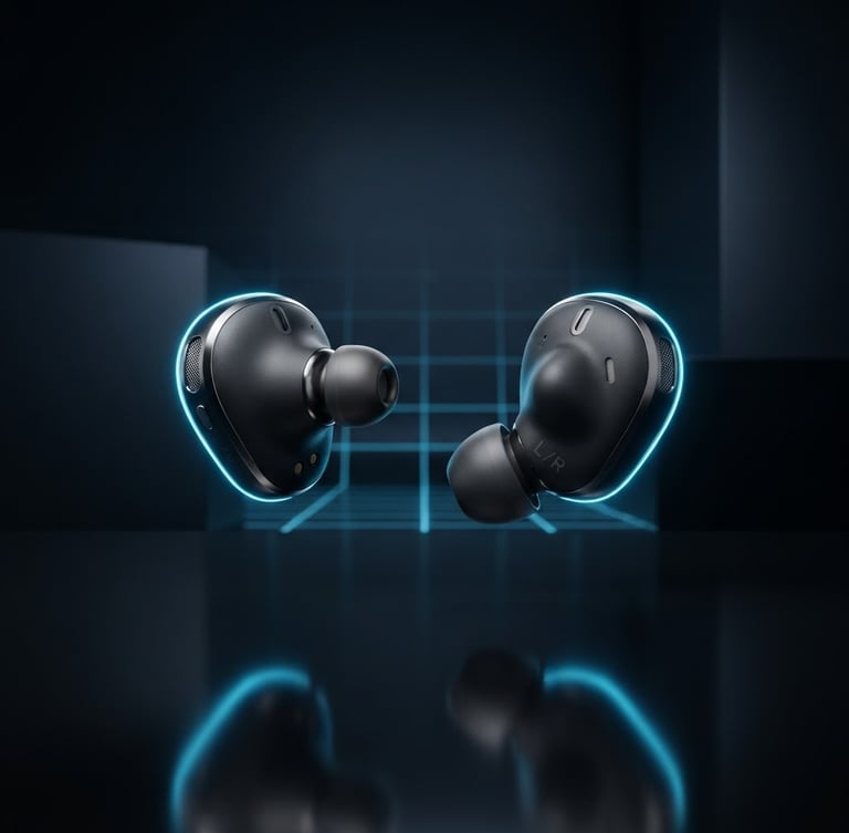Sleek 3D render of high-fidelity wireless earbuds floating over a dark reflective surface, neon blue rim lights, high-contrast studio lighting, ultra-detailed, octane render