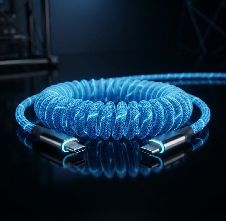 Sleek 3D render of a neon blue coiled braided USB-C cable on a dark reflective surface, high-contrast studio lighting, ultra-detailed