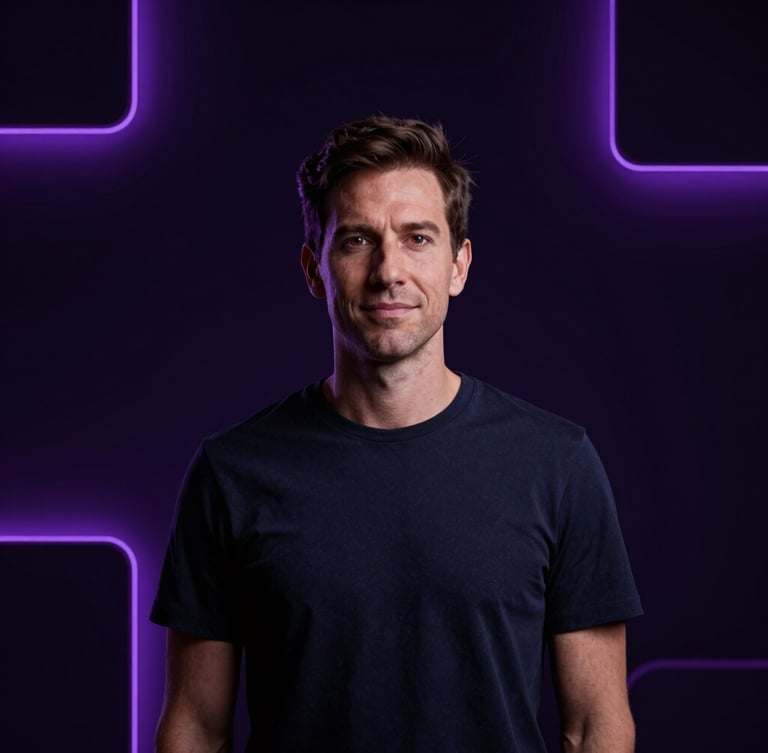 Low-key portrait of a B2B founder in a modern dark studio, moody violet backlighting, soft neon glows, professional, high-end photography
