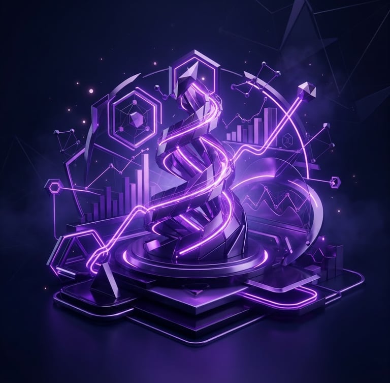 Sleek 3D growth dashboard with glowing purple neon lines, dark violet accents, deep navy background, minimalist abstract geometry, octane render