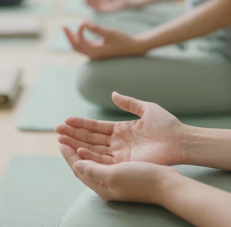 Close-up of hands during a mindful Reiki practice, soft daylight, muted sage green tones, shallow depth of field, 35mm