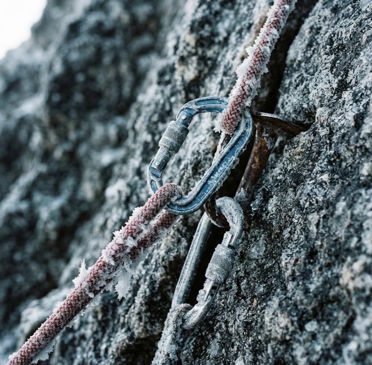 Extreme close-up of technical climbing rope and carabiners iced over on a high alpine ridge, sharp natural mountain light, desaturated tones, 35mm film grain.