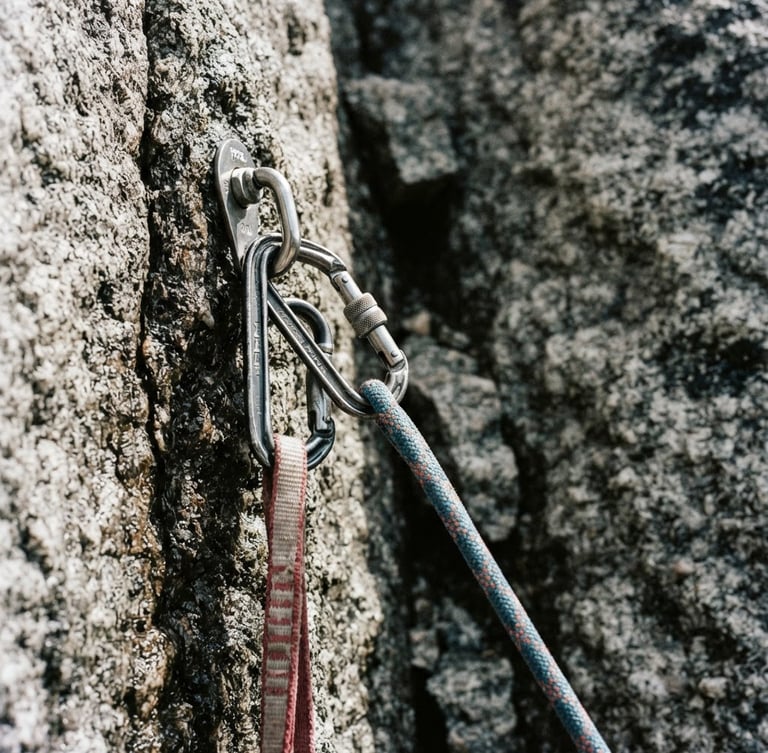 Extreme close-up of technical climbing rope and carabiners on a sheer granite cliff face, high-contrast dramatic alpine light, desaturated tones