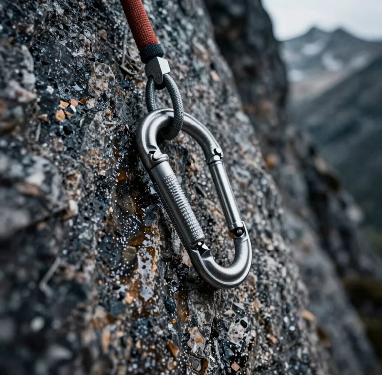 Extreme close-up of technical climbing gear and carabiners on a wet rock face in harsh mountain weather, desaturated alpine tones