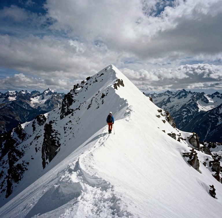 A lone mountaineer climbing a steep snow ridge toward a sharp peak, dramatic overcast skies, high-contrast natural light.
