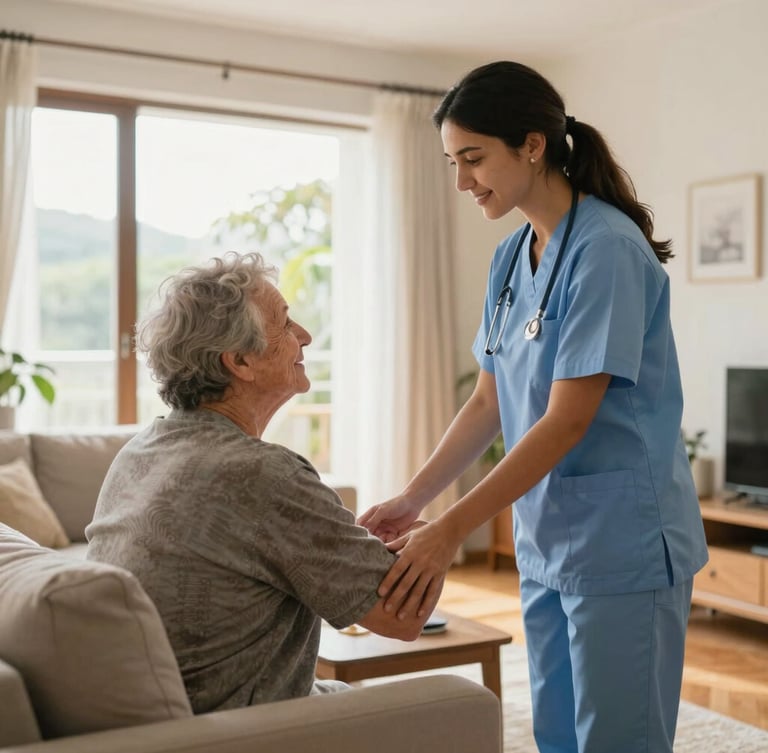 Wide shot of a professional caregiver in a neat uniform warmly assisting an elderly person in a bright, sunlit living room in Erechim, natural daylight, warm atmosphere.