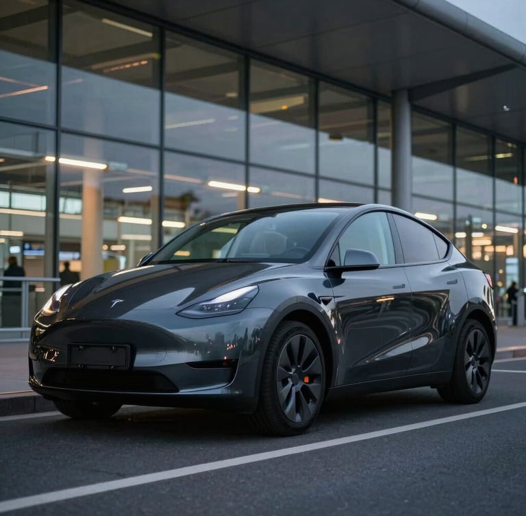 Low-angle cinematic shot of a clean, gleaming dark Tesla Model Y parked outside the modern glass-and-steel terminal of Frankfurt Airport at dusk, cool-toned evening city lights reflecting on the car body