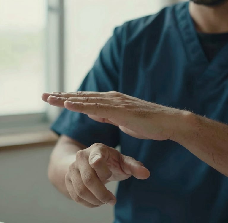 Close-up portrait of a researcher's hands signing in Libras, with subtle emerald and navy color treatment, soft natural window light, shallow depth of field, 35mm