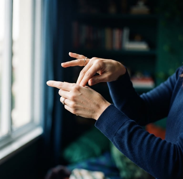 Close-up of hands performing a complex sign in Libras, soft natural window light, deep navy and emerald tones, shallow depth of field, 35mm, focus on the intricate hand movement, a subtle cool overlay.