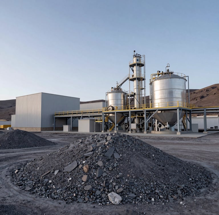 Wide environmental shot of a clean, modern mineral processing facility in the high Peruvian Andes, cool morning light, sharp technical focus, negative space on the left