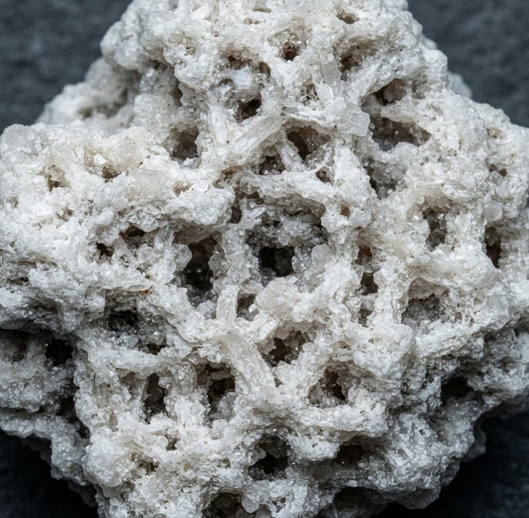 Industrial macro photography of highly porous white zeolite mineral crystals, sharp technical lighting, cool slate background, high-contrast detail, 50mm lens