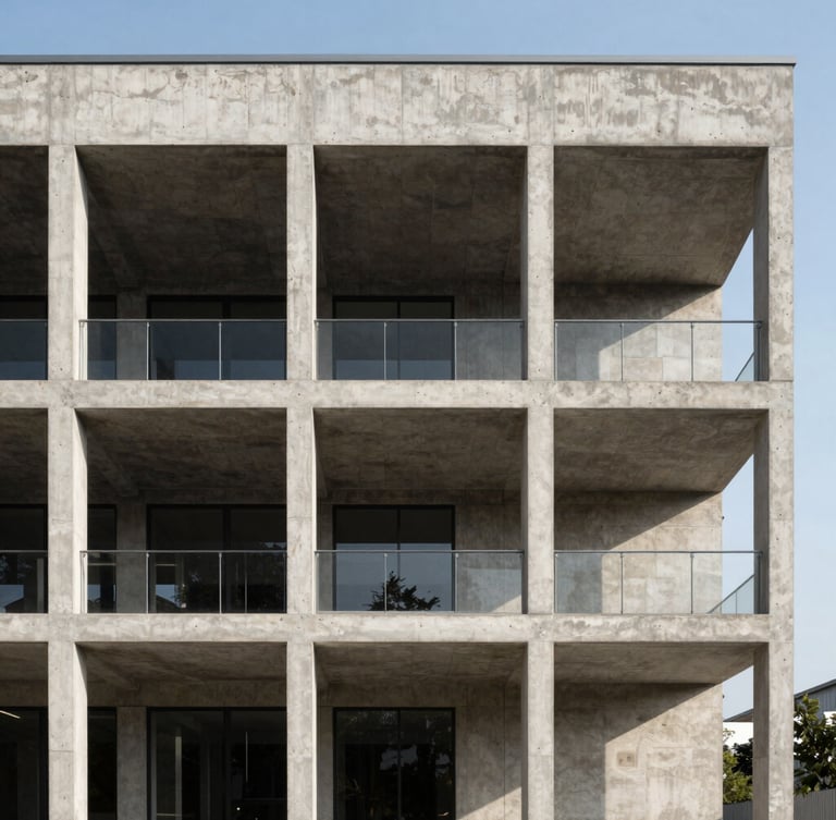 Straight-on architectural elevation of a modern concrete and steel structure under high-contrast morning daylight