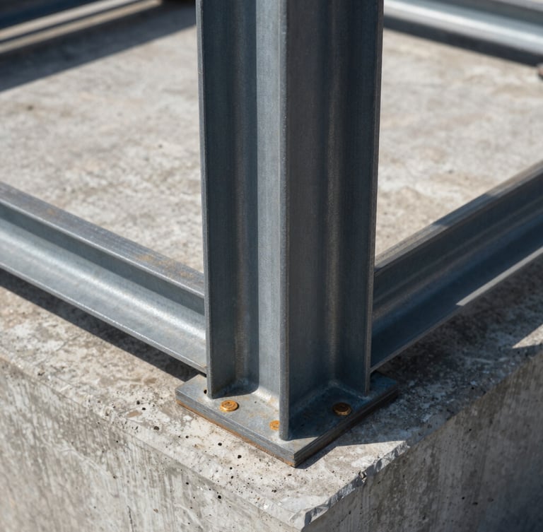 Close-up of raw structural steel joints and poured concrete foundations, high-contrast natural daylight, precise architectural framing