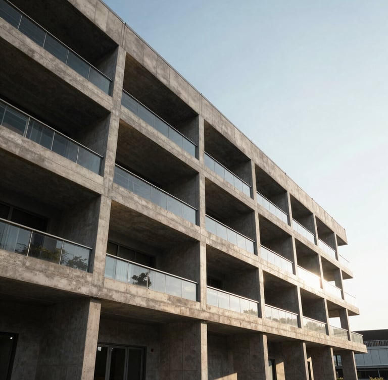 Crisp architectural elevation of a modern commercial structure under bright morning light, steel and concrete details, wide angle