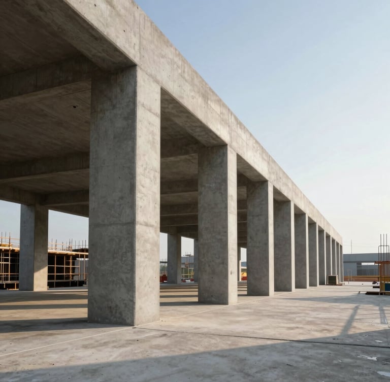 Wide structural angle of a modern commercial job site under crisp morning light, clean concrete columns casting sharp shadows, negative space on the right third