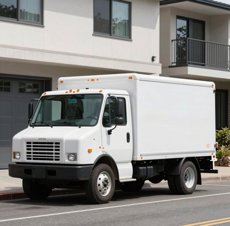 A clean local service truck parked in front of a modern residential garage door on SW Pacific Highway in Portland, bright natural outdoor daylight, crisp editorial style