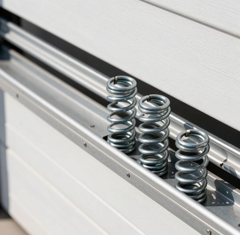 Close-up of heavy-duty steel torsion springs and modern garage door tracks, bright natural daylight, sharp focus, 35mm lens