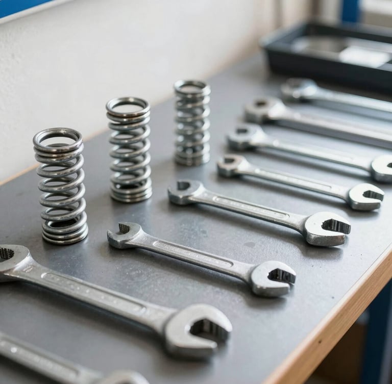 Close-up of a technician's neat tool setup with heavy-duty steel springs and wrenches on a clean dark workbench, bright natural side lighting, 35mm lens