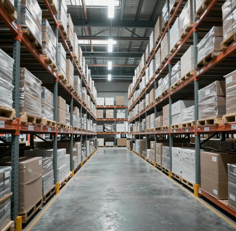 Wide environmental shot of a modern clean logistics warehouse with structured shelving, cool desaturated tones, sharp overhead industrial lighting, 35mm lens.