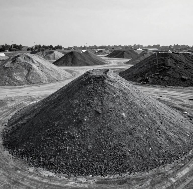 High-angle shot of industrial mineral stockpiles in an open-air yard, overcast daylight, desaturated cool tones, high contrast, crisp details, 35mm lens
