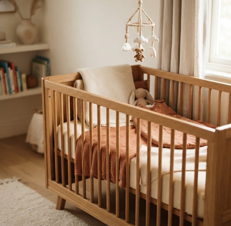 A warm, eye-level shot of a wooden baby crib in a sunlit nursery, soft natural daylight casting gentle shadows, terracotta and cream fabric textures, shallow depth of field, warm editorial photography style.